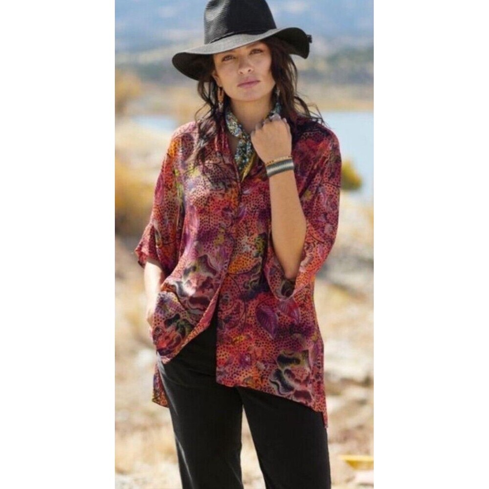 Peruvian Connection‎ Women Taormina Floral Blouse Sz M Button Up Boho Relaxed